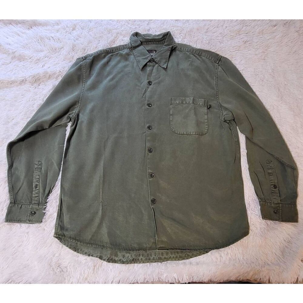 Weekendz off Men's long sleeve button-down green tencel casual pocket shirt L